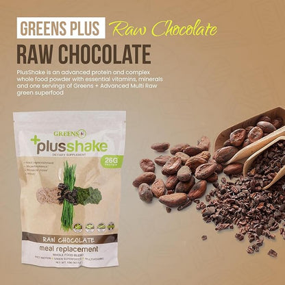 Greens+ PlusShake Raw Chocolate Grass Fed Whey Protein Powder - Meal Replacement | Non-GMO | Gluten & Soy Free | Dietary Supplement Superfood + Multi-Vitamins | 27g Protein | 1.5 lb Bag
