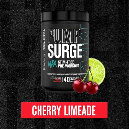 Jacked Factory Pumpsurge Max Stim Free Pre Workout - High-Performance Caffeine Free Pre Workout with L-Citrulline, N03-T Arginine Nitrate & Glutathione - 40 Servings, Cherry Limeade