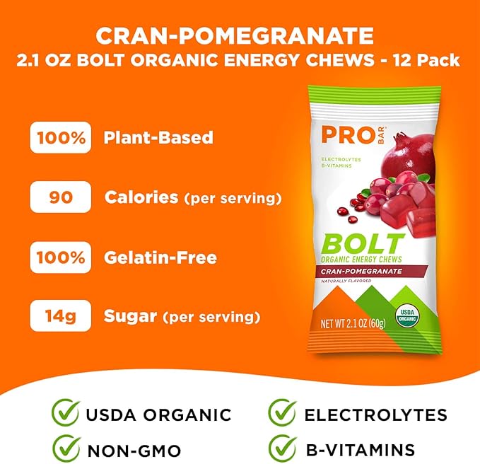 PROBAR - BOLT Organic Energy Chews, Cranberry Pomegranate, Non-GMO, Gluten-Free, USDA Certified Organic, Healthy, Natural Energy, Fast Fuel Gummies with Vitamins B & C (12 Count)