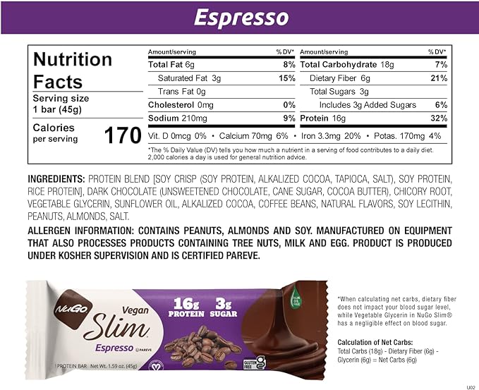 NuGo Slim Dark Chocolate Espresso, 16g Vegan Protein, 3g Sugar, 7g Fiber, 170 Calories, Low Net Carbs, Gluten Free, 12 Count