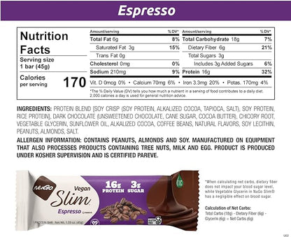 NuGo Slim Dark Chocolate Espresso, 16g Vegan Protein, 3g Sugar, 7g Fiber, 170 Calories, Low Net Carbs, Gluten Free, 12 Count