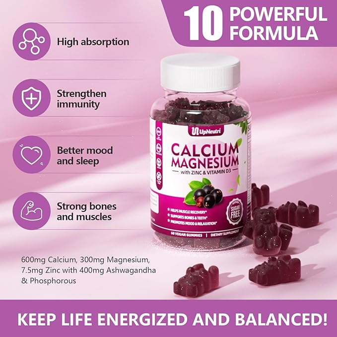 Calcium Magnesium Zinc with Vitamin D3 Supplement, Sugar Free Calcium Gummies for Women Men, High Absorption Zinc Gummies for Bone & Muscle & Immune Health, Vegan Elderberry Flavor - 120 Count