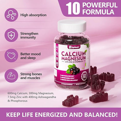 Calcium Magnesium Zinc with Vitamin D3 Supplement, Sugar Free Calcium Gummies for Women Men, High Absorption Zinc Gummies for Bone & Muscle & Immune Health, Vegan Elderberry Flavor - 120 Count