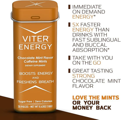 Viter Energy Caffeinated Mints 40mg Caffeine, B Vitamins, Sugar Free. (Chocolate Mint, 20pcs, 6 Pack)