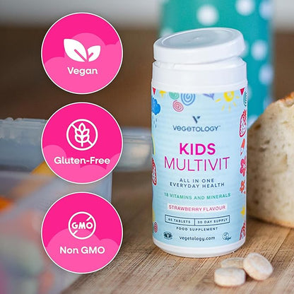 Kids MultiVitamin Supplement, Vegan Chewable Multivitamin for Immune Support, Energy, & Growth, 18 Essential Vitamins & Minerals, Ages 4+ - 60 Tablets, Strawberry