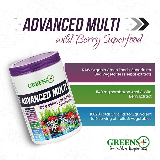 Greens+ Advanced Multi Wild Berry Superfood Powder, Organic Healthy Blend for Morning Vitality, Nutrition, Vibrant Health, Dietary Supplement, Vitamins & Minerals, Vegan, Soy/Dairy/Gluten Free(9.4oz)