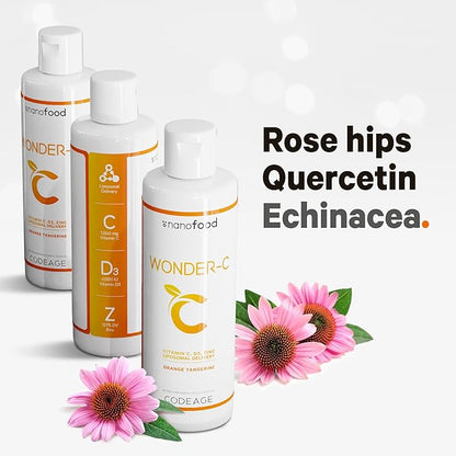 Codeage Liquid Vitamin C 1000mg, Vitamins D3, E & Zinc, Rose HIPS, Quercetin, Echinacea, Vegan Liposomal Vitamin C Supplement, Non-GMO - 15.22 fl oz