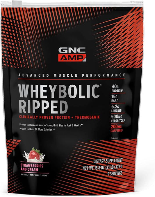 GNC AMP Wheybolic Ripped Whey Protein Powder Isolate with BCAA | Targeted Muscle Building and Workout Support Formula | Gluten Free | Strawberries and Cream | 9 Servings