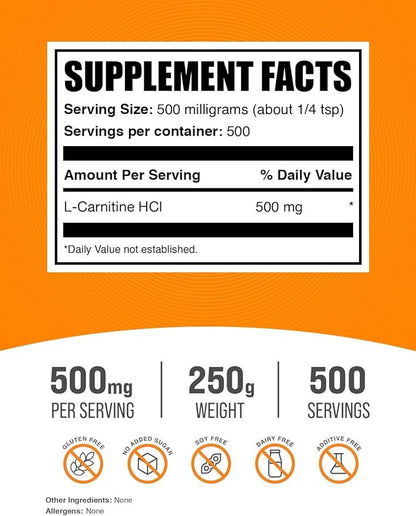 BulkSupplements.com L-Carnitine HCl Powder - Carnitine Supplement, Carnitine Powder, L-Carnitine 500mg - Unflavored & Gluten Free, 500mg per Serving, 250g (8.8 oz) (Pack of 1)
