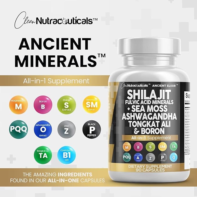Clean Nutraceuticals Shilajit Supplement with Sea Moss, Ashwagandha, Tongkat Ali, Boron, Magnesium - Fulvic Acid Capsules for Men - 90 Count