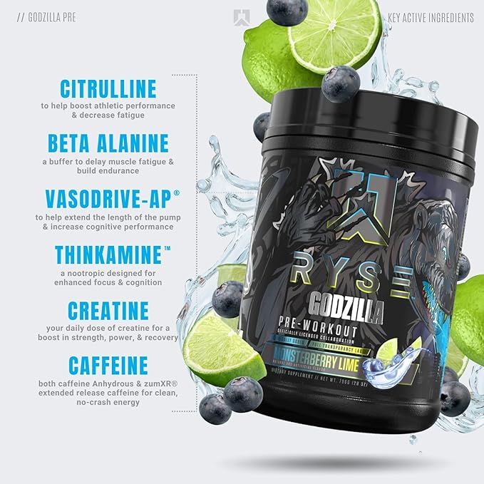 Ryse Noel Deyzel x Godzilla Pre Workout | Intense Pumps, Energy, & Focus | Citrulline & Beta Alanine | 400mg Total Caffeine | 40 Servings (Monsterberry Lime)