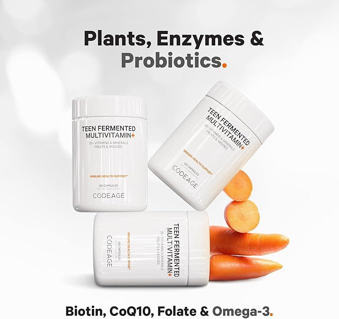 Codeage Teen’s Daily Multivitamin Supplement, 25+ Vitamins & Minerals for Teenage Boys & Girls, Organic Whole Foods Vitamins for Teenagers, Vitamin A, B, C, D, E, K, Omega-3, 60 Ct