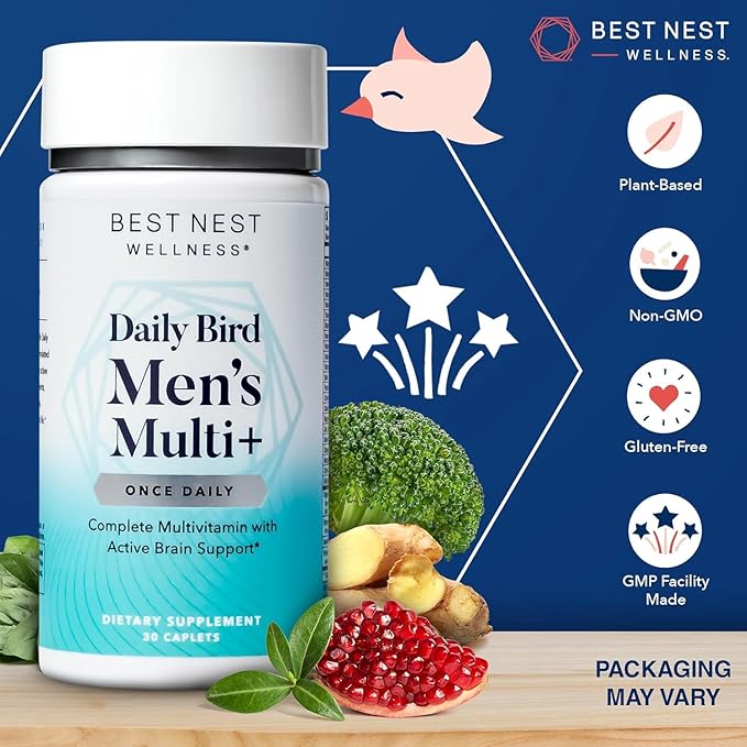 Best Nest Wellness Men's Multi Plus - Daily Multivitamin for Brain & Energy Health Support - Daily Multivitamin for Men - Probiotics & Digestive Enzyme Formula - 30 Caplets