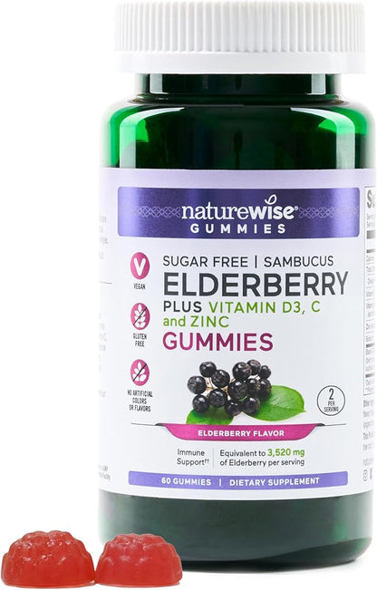 NatureWise Sambucus Elderberry Gummies - Sugar-Free - Daily Immune Support Supplement for Kids and Adults*, with Vitamin C, D3, Zinc - Vegan, Gluten Free, Non-GMO - 60 Count[1-Month Supply]