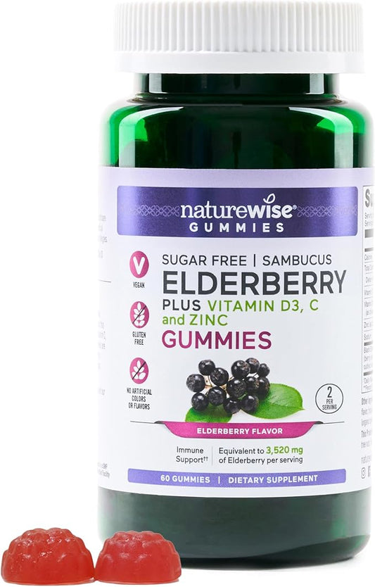NatureWise Sambucus Elderberry Gummies - Sugar-Free - Daily Immune Support Supplement for Kids and Adults*, with Vitamin C, D3, Zinc - Vegan, Gluten Free, Non-GMO - 60 Count[1-Month Supply]