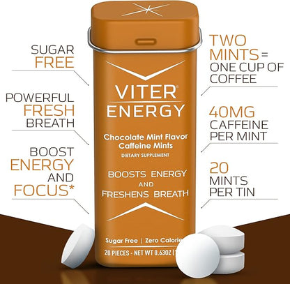 Viter Energy Caffeinated Mints 40mg Caffeine, B Vitamins, Sugar Free. (Chocolate Mint, 20pcs, 6 Pack)