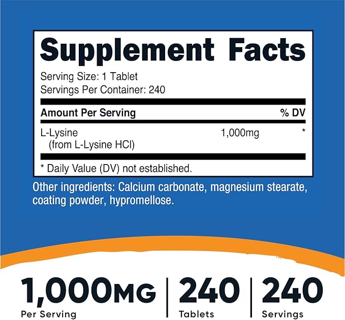 Nutricost L-Lysine 1000mg, 240 Tablets - Gluten Free, Non-GMO, and Vegetarian Friendly