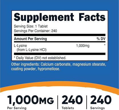 Nutricost L-Lysine 1000mg, 240 Tablets - Gluten Free, Non-GMO, and Vegetarian Friendly