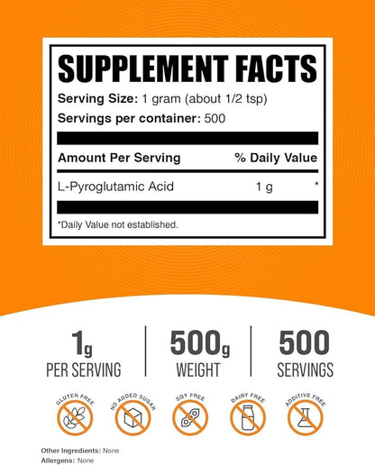 BulkSupplements.com L-Pyroglutamic Acid Powder - Pyroglutamic Acid Supplements, Amino Acid Supplement - for Well-Being, Gluten Free, 1000mg per Serving, 500g (1.1 lbs) (Pack of 1)