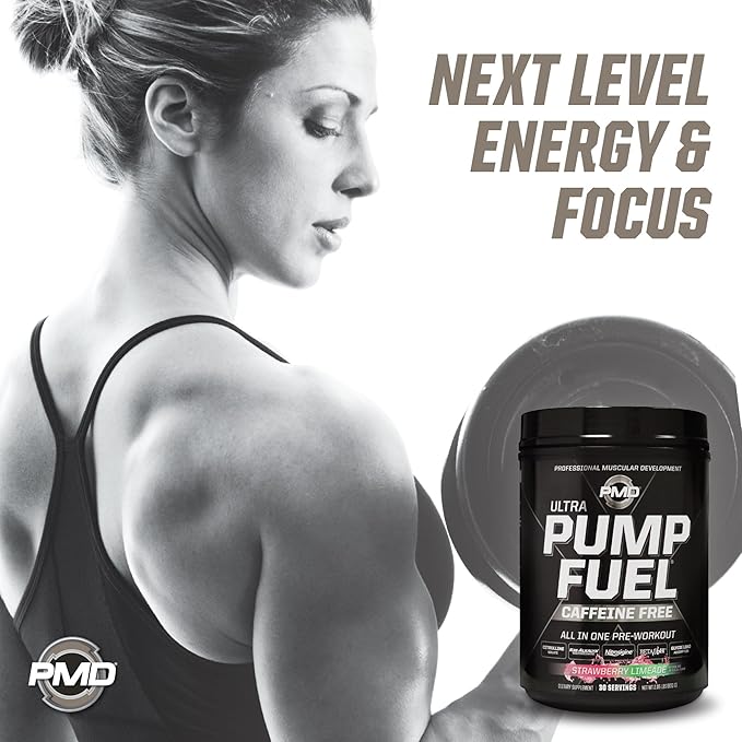 PMD Sports Ultra Pump Fuel Caffeine Free - Pre Workout Drink Mix - Energy, Strength, Endurance, Recovery Complex Carbohydrates and Amino Energy - Strawberry Limeade (30 Servings)
