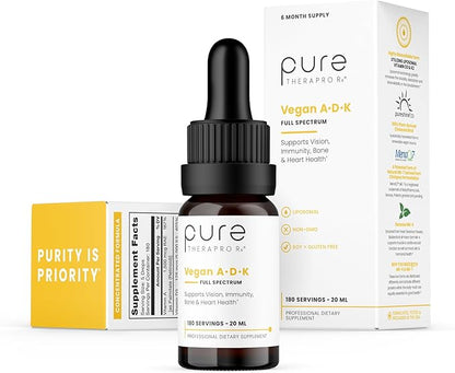 Pure TheraPro Rx Vegan A-D-K Drops-6 Mon Supply-Vitamin A(Palmitate & Betacarotene),Liposomal Vitamin D3(as vegan cholecalciferol),Liposomal Vitamin K2(MK-4 & MK-7)Supports Immunity & Bone Health-20mL