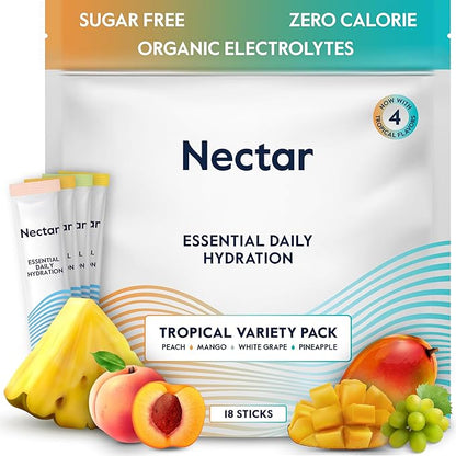Nectar Hydration Packets - Electrolytes Powder Packets - Sugar Free & 0 Calorie - Organic Fruit Liquid Daily IV Hydrate Packets for Dehydration & Rehydration Relief (Tropical 18 Pack)