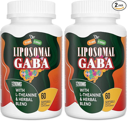 Liposomal GABA with L-Theanine Supplements 1200mg - High Absorption GABA Complex with Ashwagandha, Chamomile, Tart Cherry Herbal Supplements for Men and Women, 120 Softgels