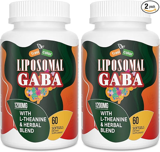 Liposomal GABA with L-Theanine Supplements 1200mg - High Absorption GABA Complex with Ashwagandha, Chamomile, Tart Cherry Herbal Supplements for Men and Women, 120 Softgels