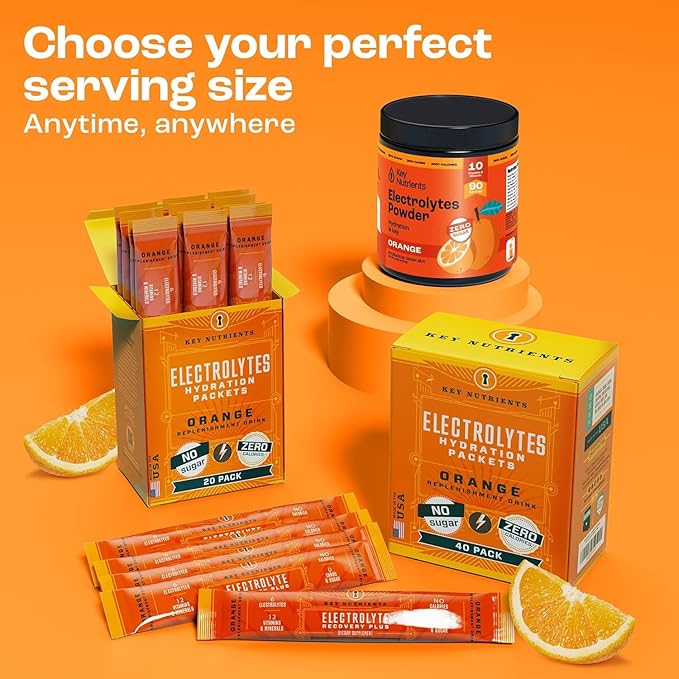 KEY NUTRIENTS Multivitamin Electrolytes Powder No Sugar - Tangy Orange Electrolyte Powder - Endurance & Energy Supplement - Hydration Powder - No Calories - 90 Servings - Made in USA
