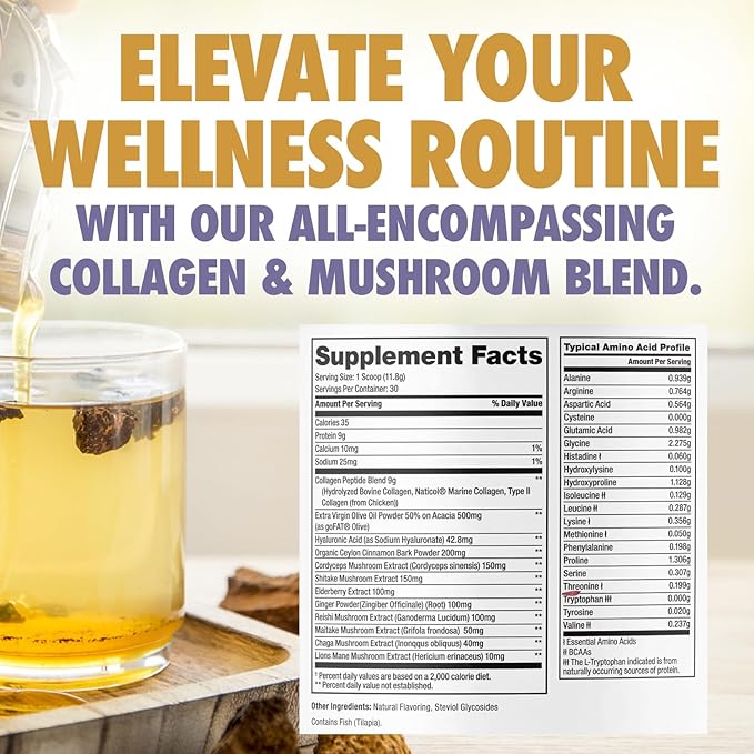 DR. EMIL NUTRITION Collagen Peptides Powder Plus Immune Mushroom Blend - Collagen Powder for Women with Lions Mane & Reishi Mushroom Powder for Immunity - Collagen Supplements for Hair, Skin & Nails