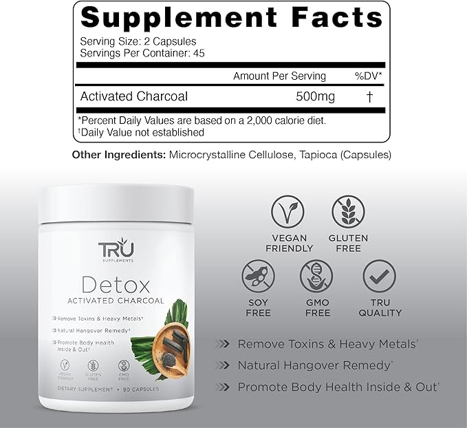 TRU Detox, Activated Charcoal, Vegan Friendly, Whole Body Natural Detox, Eliminates Bloating, Improve Skin Health, 60 Servings