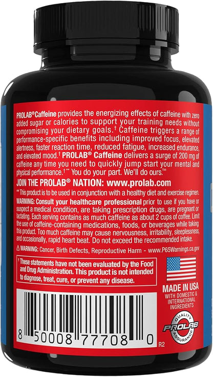 ProLab Caffeine Tablets 200mg - 300ct | Energy Support, Helps Enhance Endurance & Mental Focus, Reduce Fatigue, Pre-Workout, Extra Strength