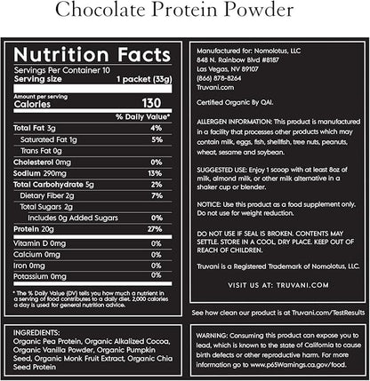 Truvani Vegan Pea Protein Powder | Chocolate | 20g Organic Plant Based Protein | 10 Travel Packets | Keto | Gluten & Dairy Free | Low Carb | No Added Sugar