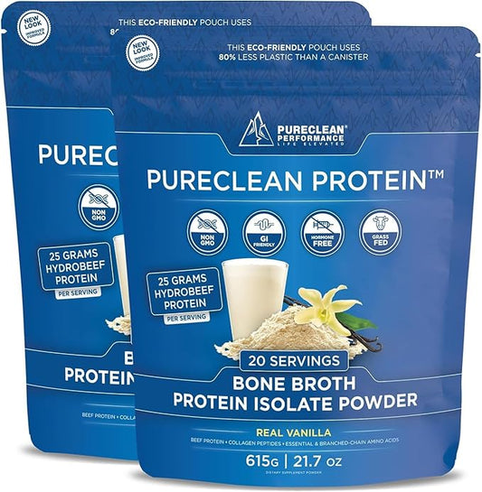PureClean Protein 25G Organic Grass Fed Beef Bone Broth Protein from Swedish Cattle - Paleo & Keto-Friendly, Gluten-Free, Sugar-Free, Dairy-Free - Enhanced with Collagen Peptides - (2 Bags Vanilla)
