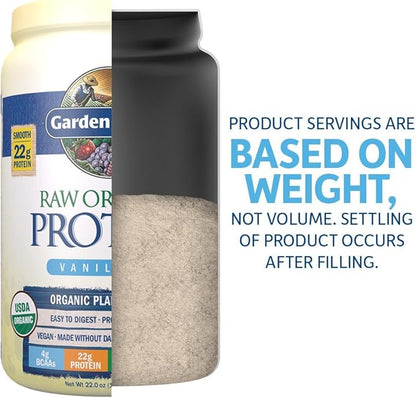 Garden of Life Raw Organic Protein Vanilla Powder, 20 Servings - Certified Vegan, Gluten Free, Organic, Non-GMO, Plant Based Sugar Free Protein Shake with Probiotics & Enzymes, 4g BCAAs, 22g Protein