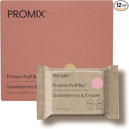 Promix Whey Protein Isolate Puff Bar, 12 Count |Low Carb Healthy Snack with Egg Whites | All Natural, Grass Fed,Gluten Free, Low Sugar, Soy Free (Strawberries & Cream)