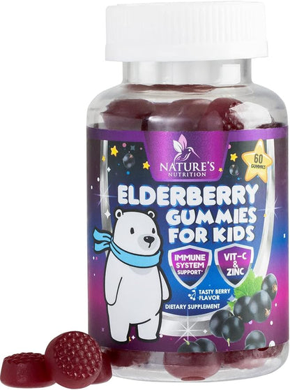Sambucus Elderberry Immune Gummies for Kids with Vitamin C, Zinc & Elderberry, Daily Childrens Immune Support Vitamins Gummy Children Ages 4 Up, Natures Supplement, Non-GMO, Berry Flavor, 60 Gummies