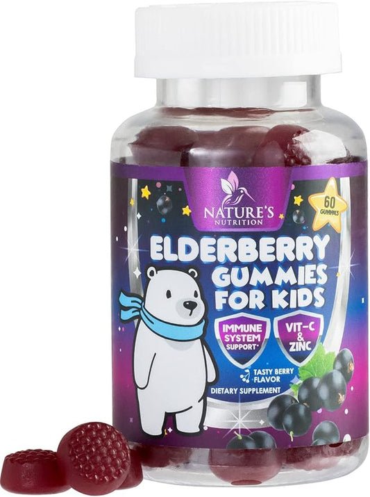 Sambucus Elderberry Immune Gummies for Kids with Vitamin C, Zinc & Elderberry, Daily Childrens Immune Support Vitamins Gummy Children Ages 4 Up, Natures Supplement, Non-GMO, Berry Flavor, 60 Gummies