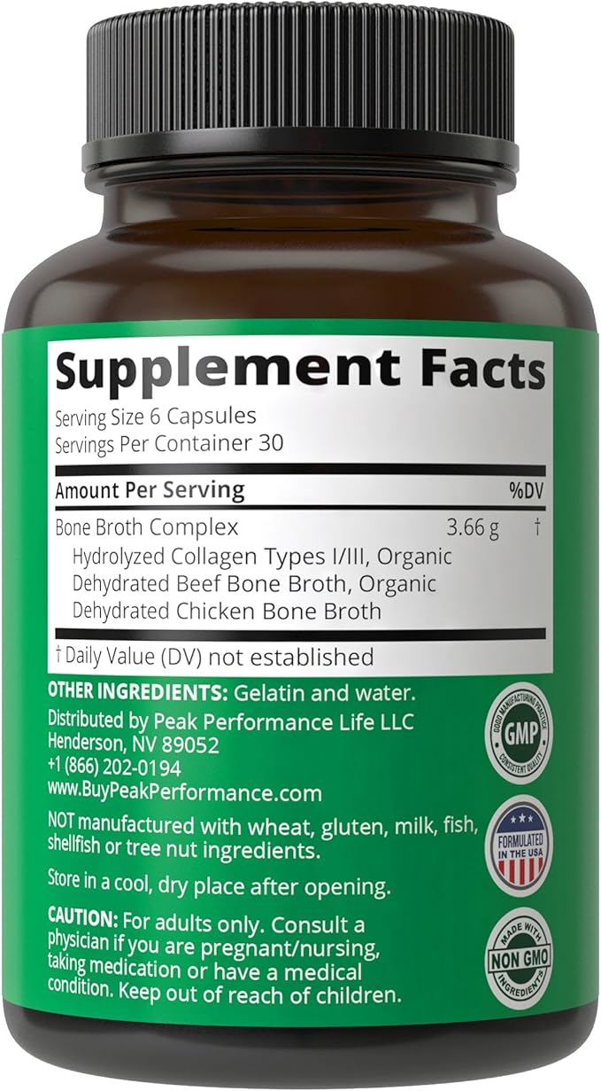 Bone Broth Collagen Capsules. 180 Pills of Grass Fed Bone Broth Collagen Protein Peptides. Contains All 3 Collagen Types 1, 2, and 3. Pure Pasture Raised Paleo Friendly Tablets for Women and Men