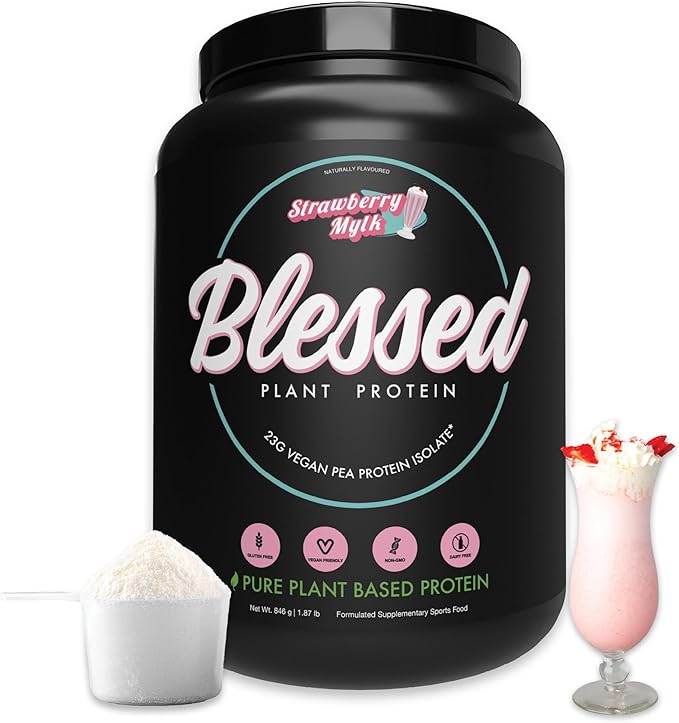 Blessed Vegan Protein Powder - Plant Based Protein Powder Meal Replacement Protein Shake, 23g of Pea Protein Powder, Dairy Free, Gluten Free, Soy Free, No Sugar Added, 30 Servings (Strawberry Mylk)