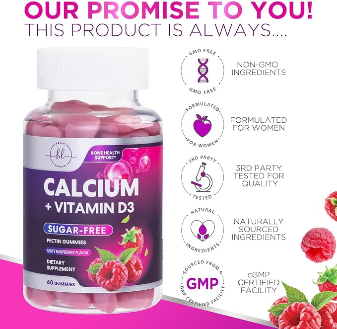 Sugar-Free Calcium Gummy Chews + 400 IU Vitamin D3, Calcium for Bone Health & Immune Support, Supports Teeth & Bone Strength, Chewable Calcium Supplements for Women & Men, Non-GMO - 60 Gummies