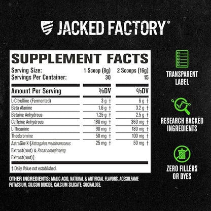 Jacked Factory NITROSURGE Pre Workout Supplement - Endless Energy, Instant Strength Gains, Clear Focus, Intense Pumps - NO Booster & Powerful Preworkout Energy Powder - 30 Servings, Arctic White