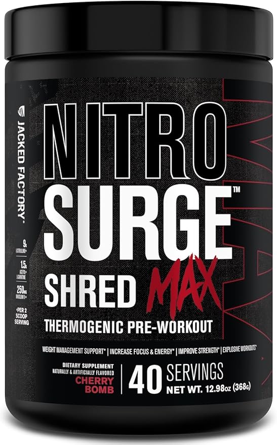 Jacked Factory Nitrosurge Shred Max Preworkout - High-Performance Thermogenic Pre Workout Powder for Men and Women with L Citrulline, Acetyl L Carnitine, Organic Caffeine - 40 Servings, Cherry Bomb