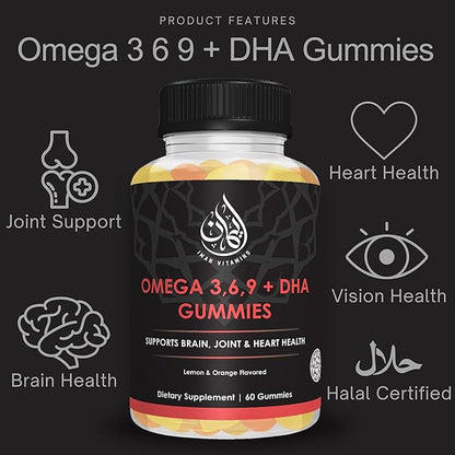 Halal Omega 3 6 9 + DHA Gummies for Adults | Supports Eyes, Brain, Immune & Heart Health | Vegetarian & Gluten Free| Vitamin C, Essential Fatty Acids & Plant-Based | 60 Count