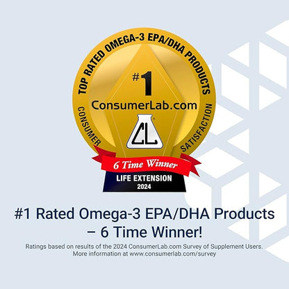 Life Extension Mega EPA/DHA, Omega-3 Fatty acids, Heart & Brain Health, Inflammation Health Support, Non-GMO, Gluten-Free, 120 softgels