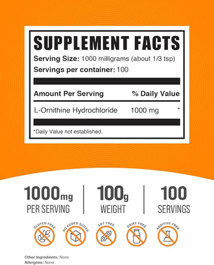 BulkSupplements.com L-Ornithine HCl Powder - L-Ornithine Hydrochloride, Ornithine Supplement - Amino Acids Supplement, Gluten Free, 1000mg per Serving, 100g (3.5 oz) (Pack of 1)