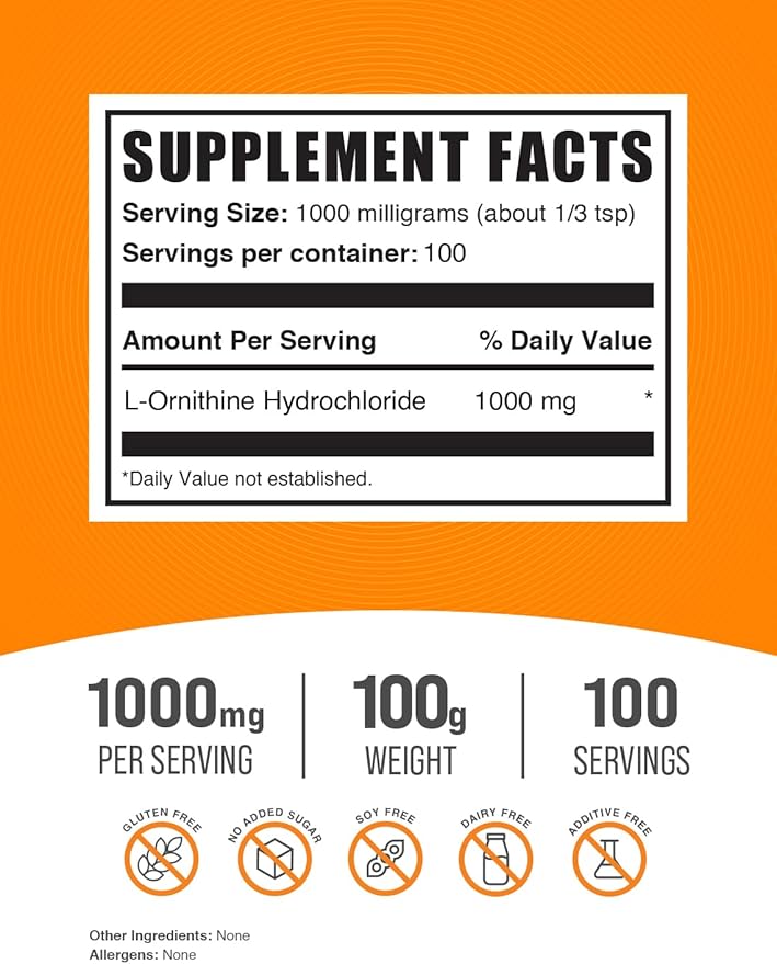 BulkSupplements.com L-Ornithine HCl Powder - L-Ornithine Hydrochloride, Ornithine Supplement - Amino Acids Supplement, Gluten Free, 1000mg per Serving, 100g (3.5 oz) (Pack of 1)