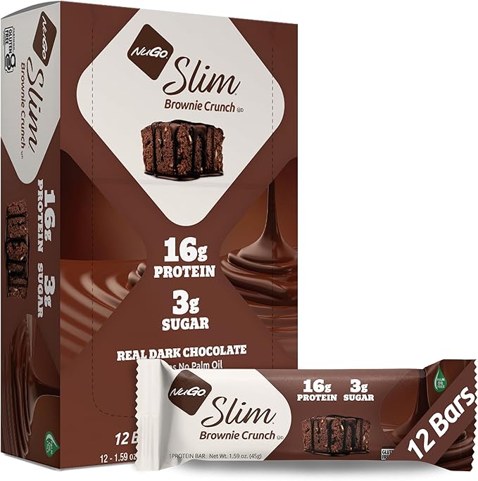 NuGo Slim Dark Chocolate Brownie Crunch, 16g Protein Bar, Gluten Free, Non-GMO, Kosher, Keto Friendly, Low Carb, 12 Count