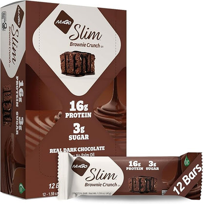NuGo Slim Dark Chocolate Brownie Crunch, 16g Protein Bar, Gluten Free, Non-GMO, Kosher, Keto Friendly, Low Carb, 12 Count