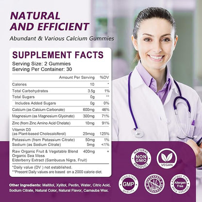 Calcium Magnesium Zinc with Vitamin D3 Supplement, Highly Absorbent Calcium Gummies with 300mg Magnesium glycinate Support Bone & Teeth, Muscle for Adults and Teens,Sugar Free, Vegan (2 Pack)